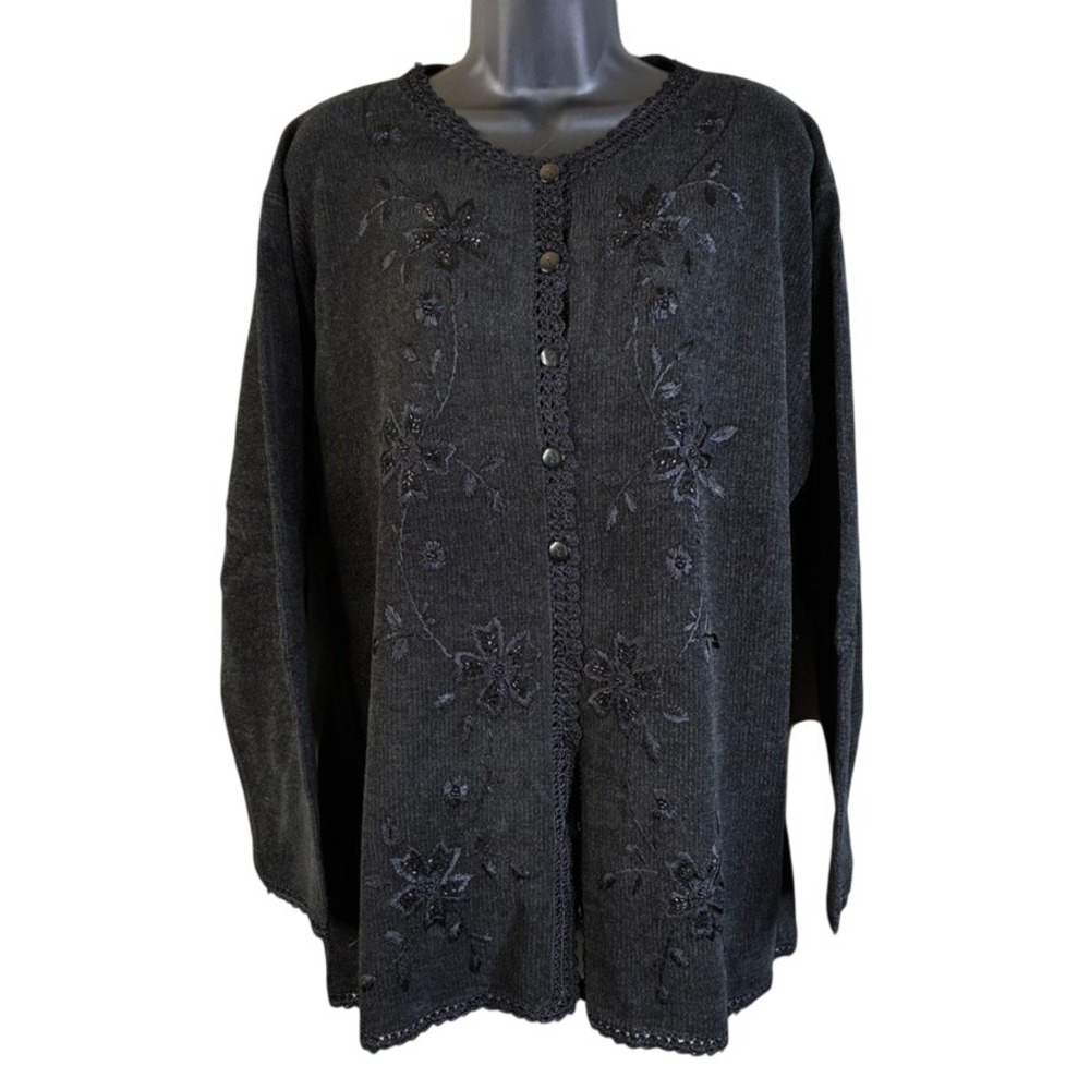 Jenny Women's 2X Black Floral Embroidered Beaded Button Front Cardigan